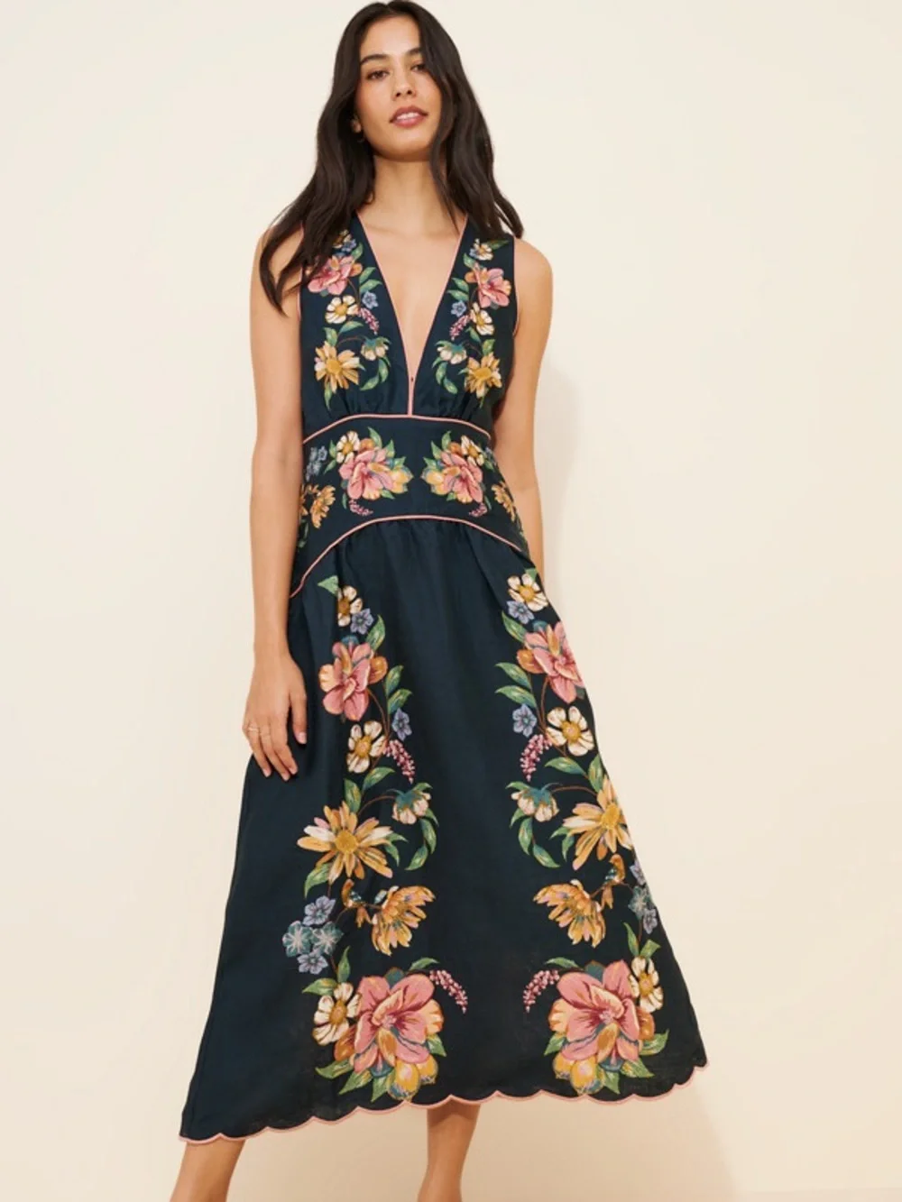 FARM Rio Maira Floral Dark Blue Linen Midi Dress Size Medium NWT - Picture 5 of 16